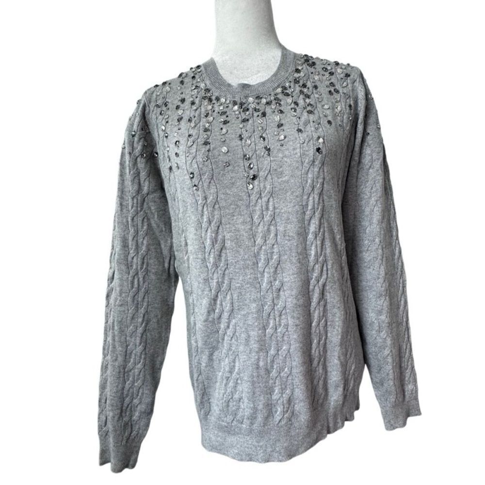 Isaac Mizrahi Live Gray Sweater Cable Knit Gemstone QVC Cardigan Size Small